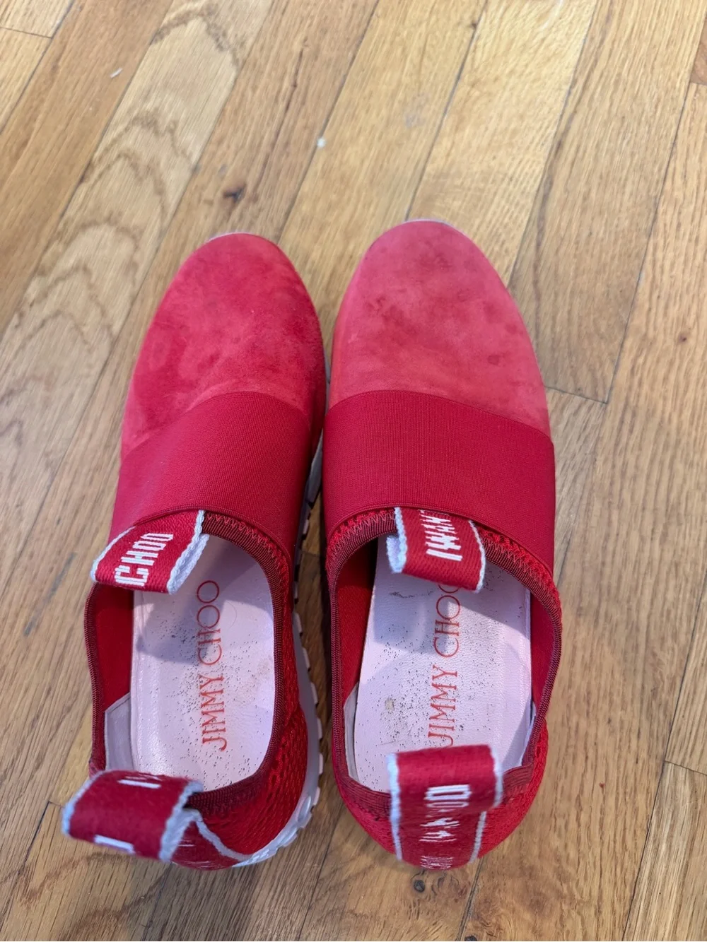 Jimmy Choo Red Mesh Slip-On Sneakers with White Logo Heel